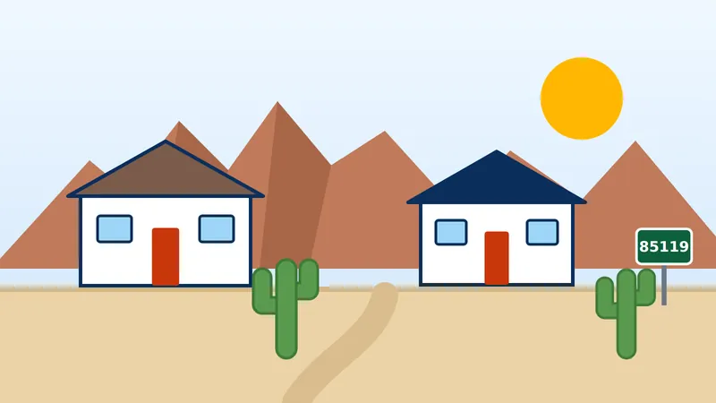 Homes on large desert lots near the Superstition Mountains with an 85119 road sign, Apache Junction