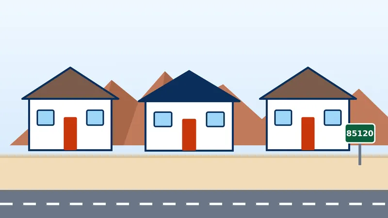 Houses on a street below the Superstition Mountains with an 85120 road sign, Apache Junction