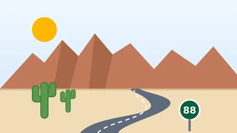 Winding road toward the Superstition Mountains with a State Route 88 Apache Trail sign