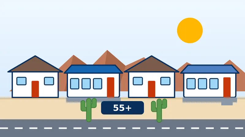 Older single-story and manufactured homes in the Apache Villa 55+ neighborhood