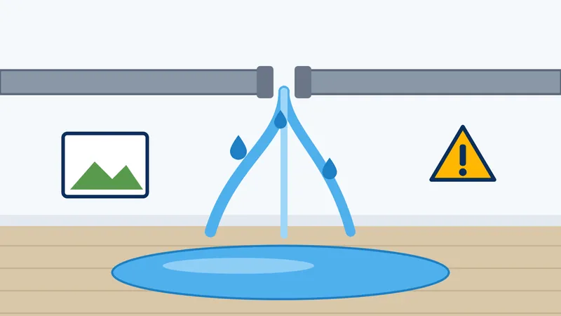 Burst pipe spraying water into a room and pooling on the floor