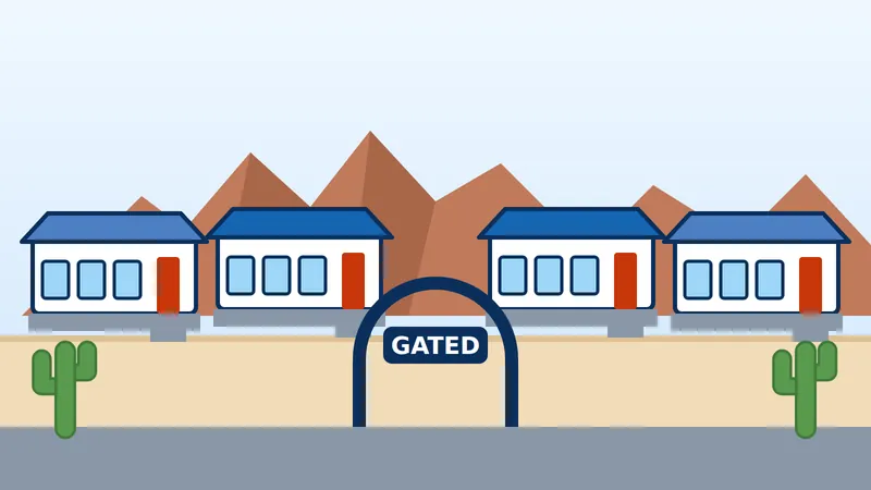 Gated entrance to Golden Vista Resort, a large 55+ community of manufactured homes