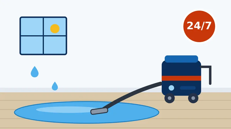 Flooded living room with a portable water extractor pulling out standing water, with a 24/7 call badge