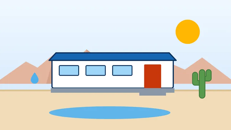 Manufactured home with water pooled underneath in the Arizona desert