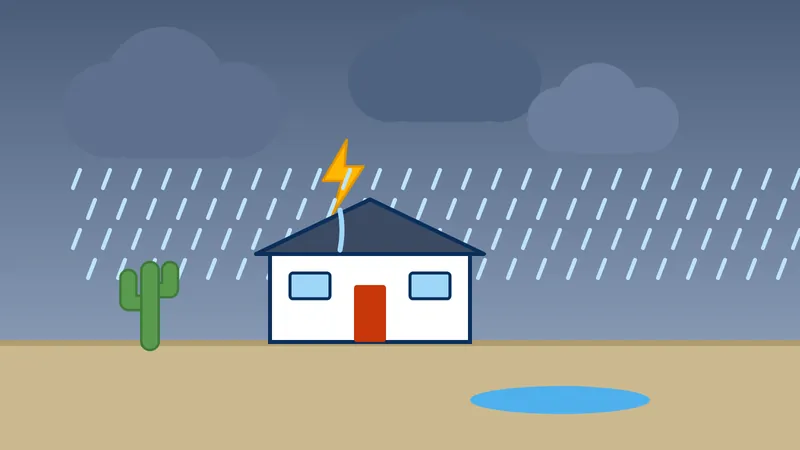 Monsoon storm with rain and lightning over a house with a roof leak