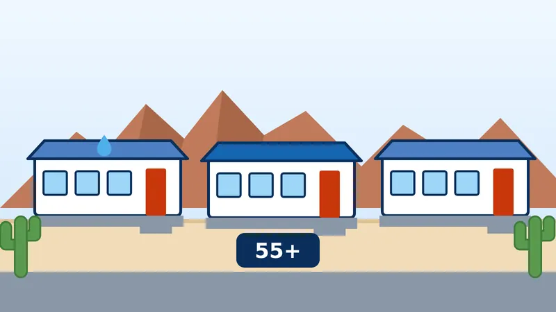 Park model homes in the gated Rock Shadows 55+ resort with a 55+ sign