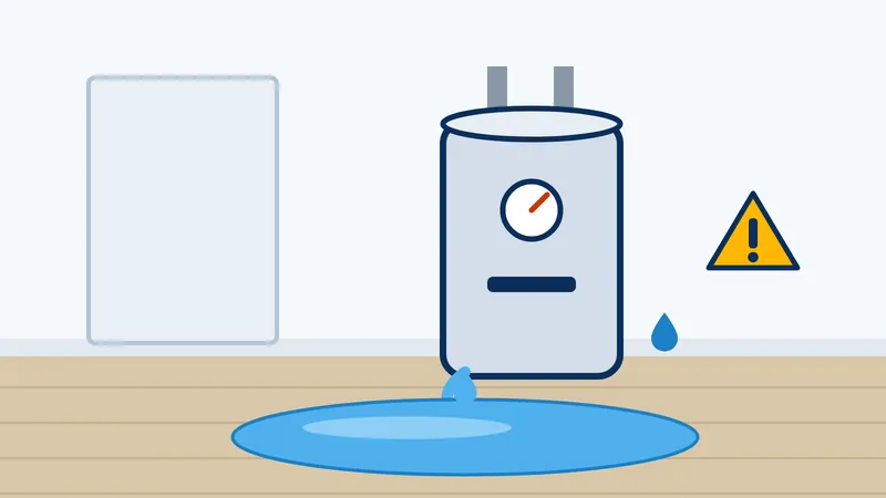 Leaking water heater with a puddle spreading across the floor